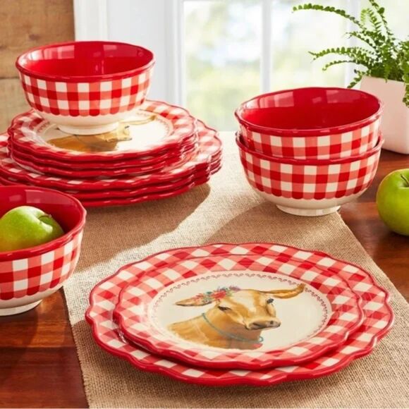 New Pioneer Woman "Brown Cow" Red Gingham 24-Piece Dinnerware Set for 8 - Picture 2 of 4
